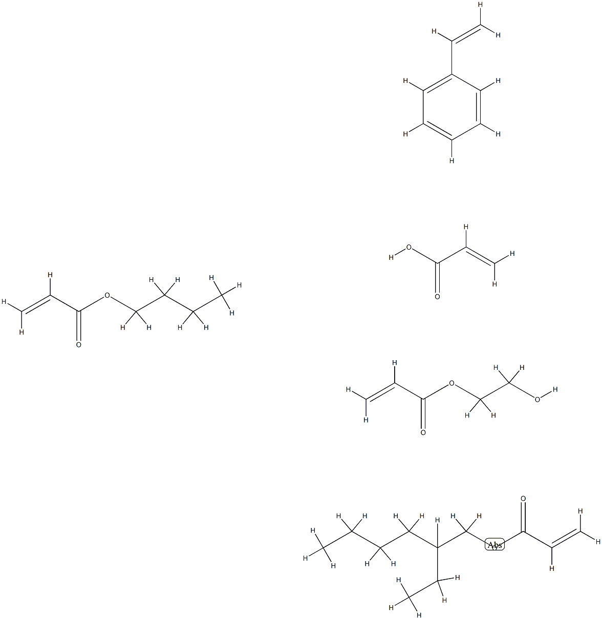 2-Propenoic acid, polymer with butyl 2-propenoate, ethenylbenzene, 2-ethylhexyl 2-propenoate and 2-hydroxyethyl 2-propenoate Struktur