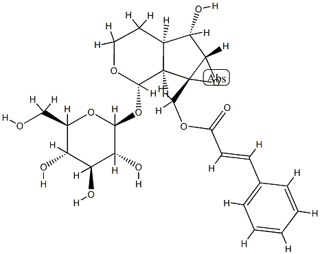 [(1aS,1bα,5aα,6aβ)-Octahydro-6α-hydroxy-1aβ-[[[(E)-1-oxo-3-phenyl-2-propenyl]oxy]methyl]oxireno[4,5]cyclopenta[1,2-c]pyran-2α-yl]β-D-glucopyranoside Struktur