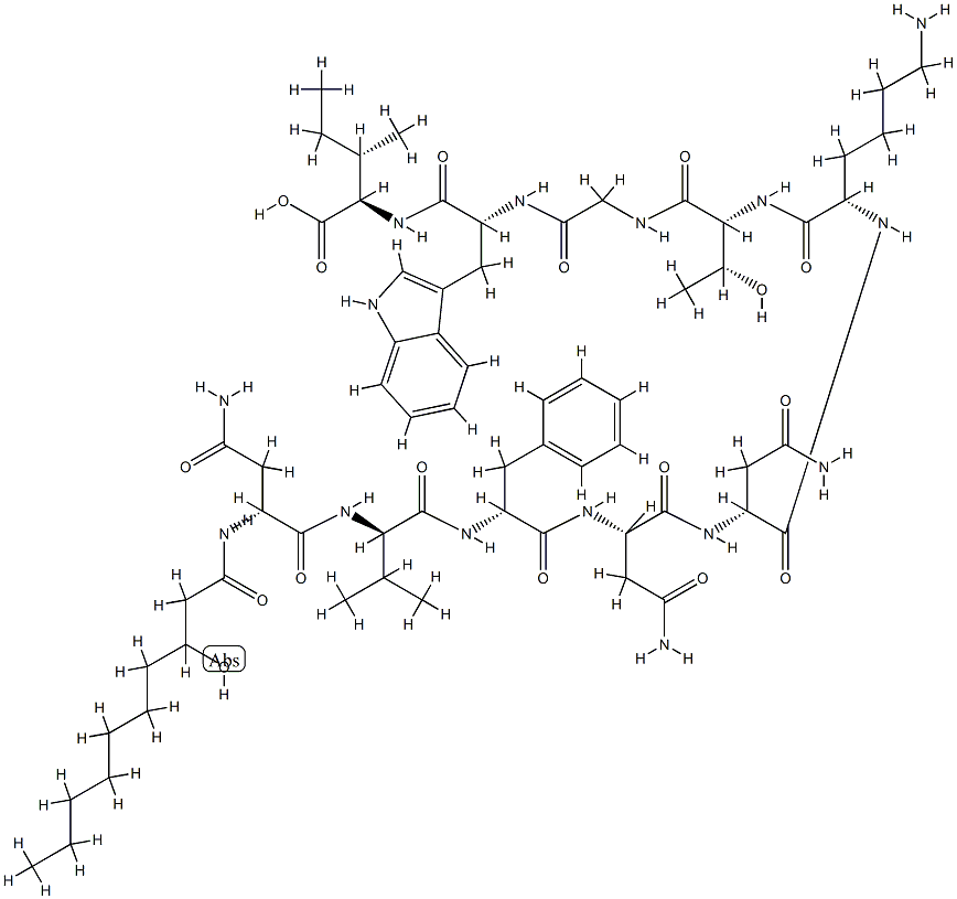 N2-(3-Hydroxy-1-oxodecyl)-D-Asn-D-Val-D-Phe-L-Asn-D-Asn-L-Lys-D-aThr-Gly-D-Trp-D-aIle-OH Struktur