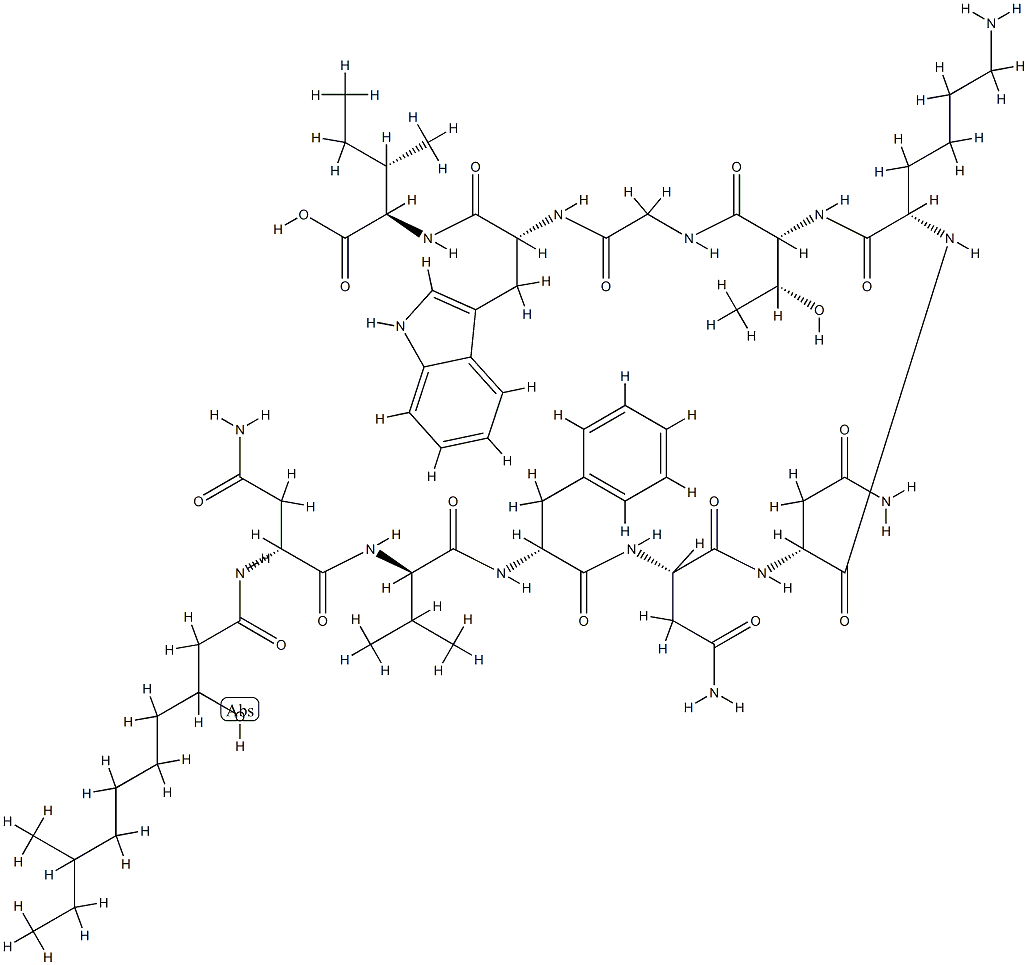 N2-(3-Hydroxy-8-methyl-1-oxodecyl)-D-Asn-D-Val-D-Phe-L-Asn-D-Asn-L-Lys-D-aThr-Gly-D-Trp-D-aIle-OH Struktur