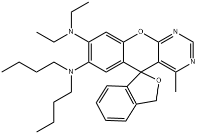 7-(Dibutylamino)-8-(diethylamino)-4-methylspiro[5H-[1]benzopyrano[2,3-d]pyrimidine-5,1'(3'H)-isobenzofuran] Struktur