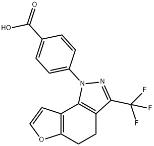 4-[3-(trifluoromethyl)-4,5-dihydro-1H-furo[2,3-g]indazol-1-yl]benzoic acid Struktur