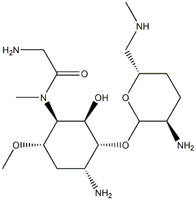 2-Amino-5-[(aminoacetyl)methylamino]-1-O-[2-amino-2,3,4,6-tetradeoxy-6-(methylamino)-α-D-erythro-hexopyranosyl]-2,3,5-trideoxy-4-O-methyl-D-allo-inositol Struktur