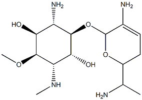 4-Amino-3-O-[3-amino-6-(1-aminoethyl)-5,6-dihydro-2H-pyran-2-yl]-1,4-dideoxy-6-O-methyl-1-(methylamino)-L-chiro-inositol Struktur