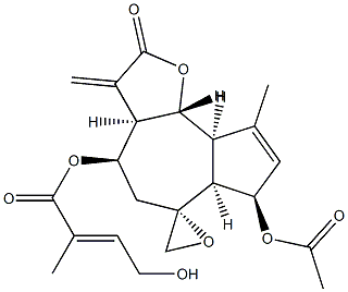 (Z)-4-Hydroxy-2-methyl-2-butenoic acid [(3aR,6R)-7α-acetoxy-3,3aβ,4,5,6aβ,7,9aβ,9bα-octahydro-9-methyl-3-methylene-2-oxospiro[azuleno[4,5-b]furan-6(2H),2'-oxiran]-4α-yl] ester Struktur