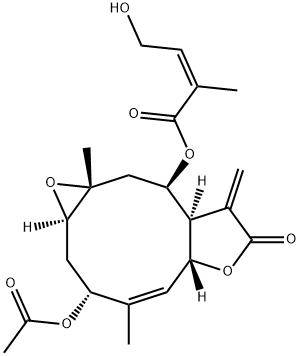 (Z)-4-Hydroxy-2-methyl-2-butenoic acid [(1aR,3R,4Z,5aR,8aR,9R,10aR)-3-acetoxy-1a,2,3,5a,7,8,8a,9,10,10a-decahydro-4,10a-dimethyl-8-methylene-7-oxooxireno[5,6]cyclodeca[1,2-b]furan-9-yl] ester Struktur