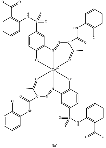 Cobaltate(3-), bis[2-[[[3-[[1-[[(2-chlorophenyl) amino]carbonyl]-2-oxopropyl]azo]-4-hydroxyphenyl ]sulfonyl]amino]benzoato(3-)]-, trisodium Struktur