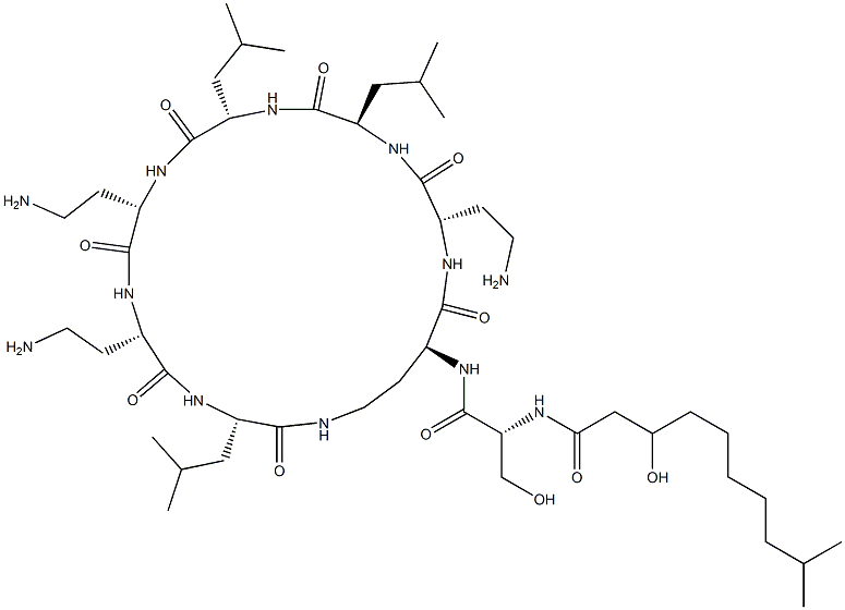 N2-[N-(3-Hydroxy-9-methyl-1-oxodecyl)-D-Ser-]cyclo[L-DAB*-L-DAB-D-Leu-L-Leu-L-DAB-L-DAB-L-Leu-] Struktur