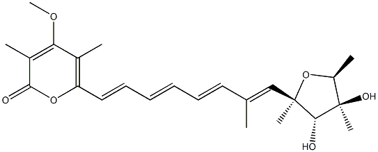 4-Methoxy-3,5-dimethyl-6-[(1E,3E,5E,7E)-7-methyl-8-[(2R)-tetrahydro-3β,4α-dihydroxy-2,4,5α-trimethylfuran-2α-yl]-1,3,5,7-octatetrenyl]-2H-pyran-2-one Struktur