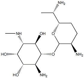 1-Amino-1,4-dideoxy-2-O-(2,6-diamino-2,3,4,6,7-pentadeoxy-β-L-lyxo-heptopyranosyl)-4-(methylamino)-D-scyllo-inositol Struktur