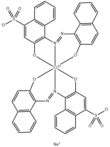 trisodium bis[3-hydroxy-4-[(2-hydroxy-1-naphthyl)azo]naphthalene-1-sulphonato(3-)]chromate(3-) Struktur