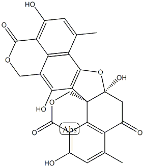 5,5a-Dihydro-1,5a,9,13-tetrahydroxy-3,7-dimethyl-4H,10H,12H,16H-dibenzo[de,d'e']furo[2,3-g:5,4-i']bis[2]benzopyran-4,10,16-trione Struktur