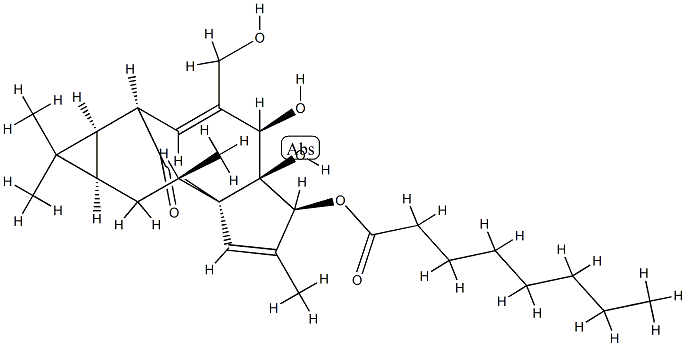 Octanoic acid (1aR)-1aα,2β,5,5a,6,9,10,10aα-octahydro-5β,5aβ-dihydroxy-4-hydroxymethyl-1,1,7,9α-tetramethyl-11-oxo-1H-2α,8aα-methanocyclopenta[a]cyclopropa[e]cyclodecen-6β-yl ester Struktur