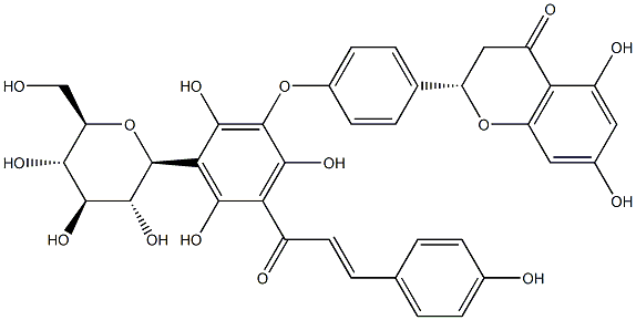 (2S)-2-[4-[3-β-D-Glucopyranosyl-2,4,6-trihydroxy-5-[(E)-3-(4-hydroxyphenyl)-1-oxo-2-propenyl]phenoxy]phenyl]-2,3-dihydro-5,7-dihydroxy-4H-1-benzopyran-4-one Struktur