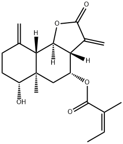 (Z)-2-Methyl-2-butenoic acid [(3aR,4R,9aS,9bR)-dodecahydro-6α-hydroxy-5aα-methyl-3,9-bis(methylene)-2-oxonaphtho[1,2-b]furan-4-yl] ester Struktur