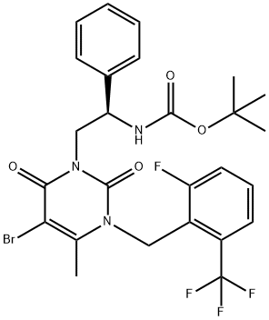 Carbamic acid, N-[(1R)-2-[5-bromo-3-[[2-fluoro-6-(trifluoromethyl)phenyl]methyl]-3,6-dihydro-4-methyl-2,6-dioxo-1(2H)-pyrimidinyl]-1-phenylethyl]-, 1,1-dimethylethyl ester Struktur