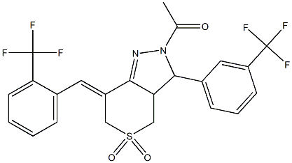 1-[(5Z)-3,3-dioxo-9-[3-(trifluoromethyl)phenyl]-5-[[2-(trifluoromethyl )phenyl]methylidene]-3$l^{6}-thia-7,8-diazabicyclo[4.3.0]non-6-en-8-yl ]ethanone Struktur