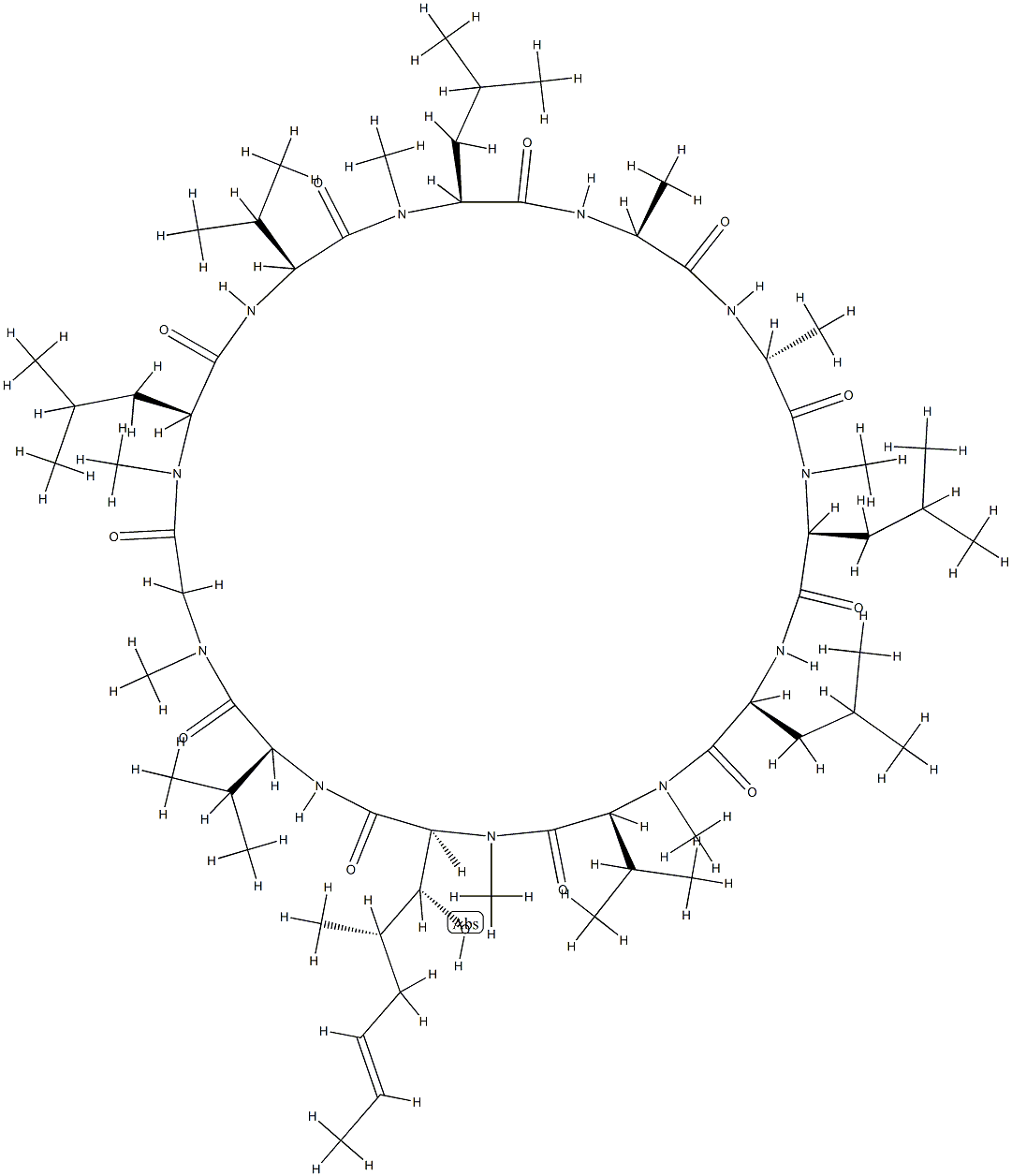 Cyclo[L-Ala-D-Ala-N-methyl-L-Leu-L-Leu-N-methyl-L-Val-N-methyl-α-[(1R,2S,4E)-1-hydroxy-2-methyl-4-hexenyl]-L-Gly-L-Val-N-methyl-Gly-N-methyl-L-Leu-L-Val-N-methyl-L-Leu-] Struktur