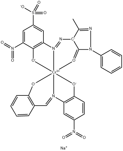 disodium [3-[(4,5-dihydro-3-methyl-5-oxo-1-phenyl-1H-pyrazol-4-yl)azo]-4-hydroxy-5-nitrobenzenesulphonato(3-)][2-[(2-hydroxybenzylidene)amino]-4-nitrophenolato(2-)-N2,O1,O2]chromate(2-)  Struktur