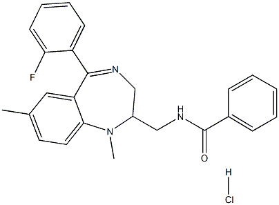 N-[[6-(2-fluorophenyl)-2,9-dimethyl-2,5-diazabicyclo[5.4.0]undeca-5,8, 10,12-tetraen-3-yl]methyl]benzamide hydrochloride Struktur