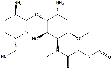 2-Amino-1-O-[2-amino-2,3,4,6-tetradeoxy-6-(methylamino)-α-D-erythro-hexopyranosyl]-2,3,5-trideoxy-5-[[(formylamino)acetyl]methylamino]-4-O-methyl-D-allo-inositol Struktur