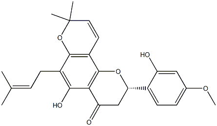 (S)-2,3-Dihydro-5-hydroxy-2-(2-hydroxy-4-methoxyphenyl)-8,8-dimethyl-6-(3-methyl-2-butenyl)-4H,8H-benzo[1,2-b:3,4-b']dipyran-4-one Struktur