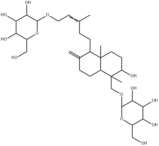 (1S,8aβ)-Decahydro-1,4aα-dimethyl-6-methylene-1β-[(β-D-glucopyranosyloxy)methyl]-5α-[(E)-5-(β-D-glucopyranosyloxy)-3-methyl-3-pentenyl]naphthalen-2α-ol Struktur