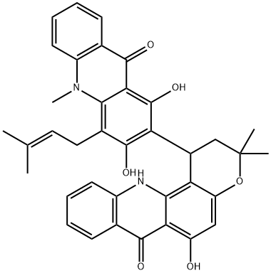 1,2,3,12-Tetrahydro-3,3-dimethyl-6-hydroxy-1-[[9,10-dihydro-10-methyl-1-hydroxy-3-methoxy-4-(3-methyl-2-butenyl)-9-oxoacridin]-2-yl]-7H-pyrano[2,3-c]acridin-7-one Struktur