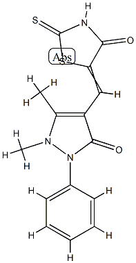 1,5-dimethyl-4-[(4-oxo-2-sulfanylidene-thiazolidin-5-ylidene)methyl]-2-phenyl-pyrazol-3-one Struktur