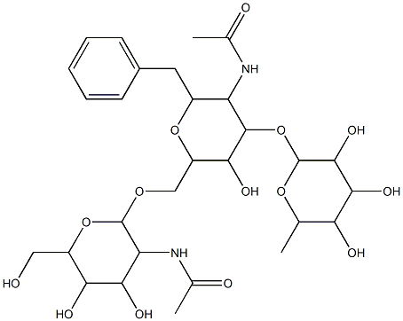 benzyl 2-acetamido-6-O-(2-acetamido-2-deoxy-beta glucopyranosyl)-2-deoxy-3-O-beta fucopyranosyl-alpha galactopyranoside Struktur