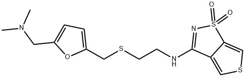 N-[2-[[5-(dimethylaminomethyl)-2-furyl]methylsulfanyl]ethyl]-8,8-dioxo -3,8$l^{6}-dithiabicyclo[3.3.0]octa-1,4,6-trien-6-amine Struktur