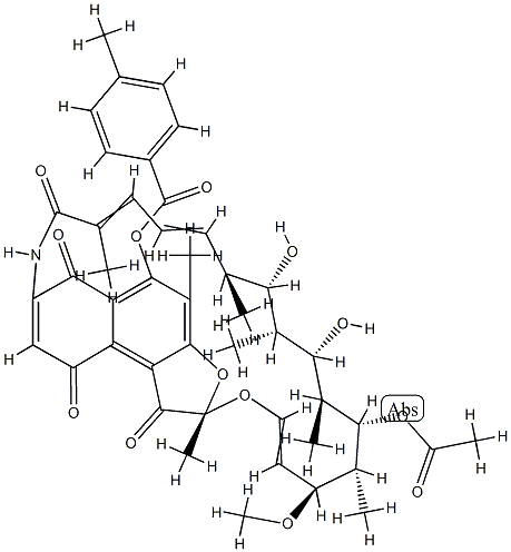 (2S,16S,17S,18R,19S,20S,21S,22R,23S)-21-(acetyloxy)-17,19-dihydroxy-23-methoxy-2,4,12,16,18,20,22-heptamethyl-1,6,9,11-tetraoxo-1,2,6,9-tetrahydro-2,7-(epoxypentadeca[1,11,13]trienoimino)naphtho[2,1-b\n]furan-5-yl 4-methylbenzoate Struktur