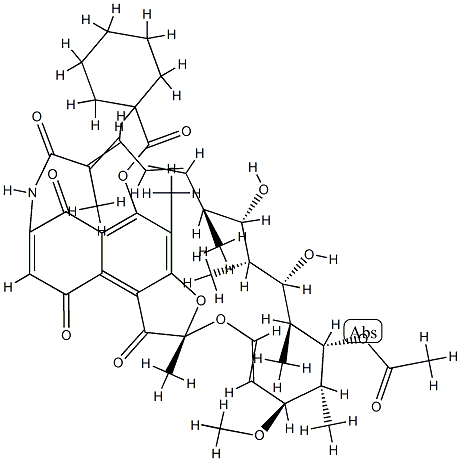 (2S,16S,17S,18R,19S,20S,21S,22R,23S)-21-(acetyloxy)-17,19-dihydroxy-23-methoxy-2,4,12,16,18,20,22-heptamethyl-1,6,9,11-tetraoxo-1,2,6,9-tetrahydro-2,7-(epoxypentadeca[1,11,13]trienoimino)naphtho[2,1-b\n]furan-5-yl cyclohexanecarboxylate Struktur