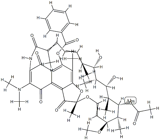 (2S,16S,17S,18R,19S,20S,21S,22R,23S)-21-(acetyloxy)-8-(dimethylamino)-17,19-dihydroxy-23-methoxy-2,4,12,16,18,20,22-heptamethyl-1,6,9,11-tetraoxo-1,2,6,9-tetrahydro-2,7-(epoxypentadeca[1,11,13]trienoi\nmino)naphtho[2,1-b]furan-5-yl benzoate Struktur