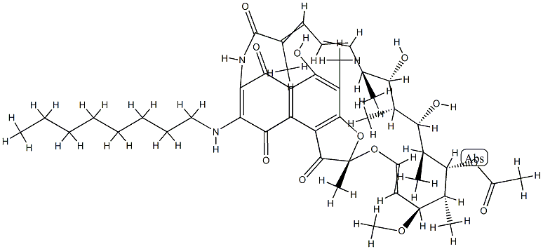 (2S,16S,17S,18R,19S,20S,21S,22R,23S)-5,17,19-trihydroxy-23-methoxy-2,4,12,16,18,20,22-heptamethyl-8-(octylamino)-1,6,9,11-tetraoxo-1,2,6,9-tetrahydro-2,7-(epoxypentadeca[1,11,13]trienoimino)naphtho[2,\n1-b]furan-21-yl acetate Struktur