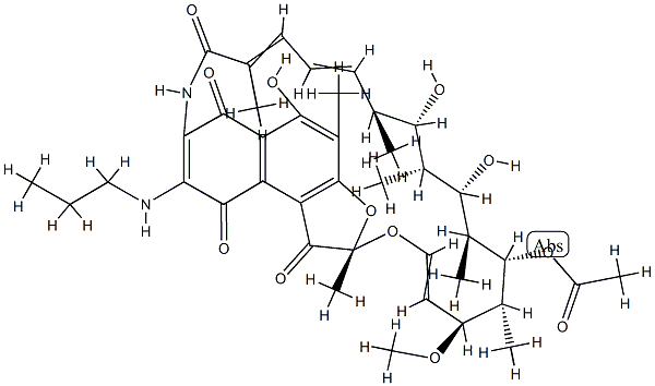 (2S,16S,17S,18R,19S,20S,21S,22R,23S)-5,17,19-trihydroxy-23-methoxy-2,4,12,16,18,20,22-heptamethyl-1,6,9,11-tetraoxo-8-(propylamino)-1,2,6,9-tetrahydro-2,7-(epoxypentadeca[1,11,13]trienoimino)naphtho[2\n,1-b]furan-21-yl acetate Struktur