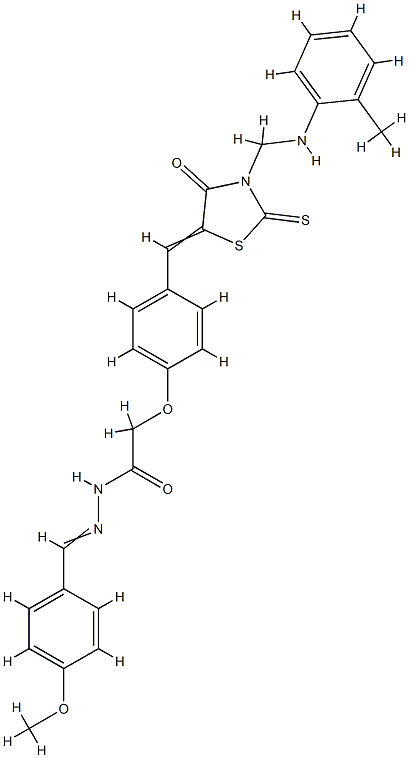 N-[(4-methoxyphenyl)methylideneamino]-2-[4-[(E)-[3-[[(2-methylphenyl)a mino]methyl]-4-oxo-2-sulfanylidene-thiazolidin-5-ylidene]methyl]phenox y]acetamide Struktur