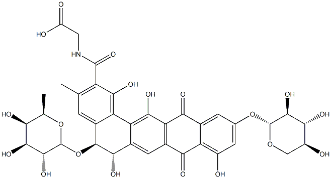 Glycine, N-((5-((6-deoxy-beta-D-galactopyranosyl)oxy)-5,6,8,13-tetrahy dro-1,6,9,14-tetrahydro-3-methyl-8,13-dioxo-11-(beta-L-xylopyranosylox y)benzo(a)naphthacen-2-yl)carbonyl)-, (5S-trans)- Struktur