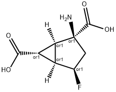 Bicyclo[3.1.0]hexane-2,6-dicarboxylic acid, 2-amino-4-fluoro-, (1R,2S,4R,5R,6R)-rel- (9CI) Struktur