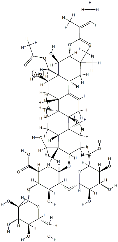 (3beta,4beta,16alpha,21beta,22alpha)-28-(Acetyloxy)-16,22,23-trihydroxy-21-[[(2E)-2-methyl-1-oxo-2-buten-1-yl]oxy]olean-12-en-3-yl O-beta-D-glucopyranosyl-(1-2)-O-[beta-D-glucopyranosyl-(1-4)]-beta-D-glucopyranosiduronic acid Struktur