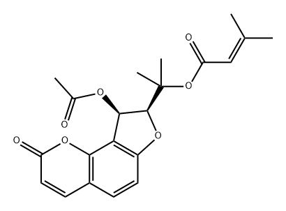 3-Methyl-2-butenoic acid [1-[(8S)-9α-acetoxy-8,9-dihydro-2-oxo-2H-furo[2,3-h]-1-benzopyran-8-yl]-1-methylethyl] ester Struktur