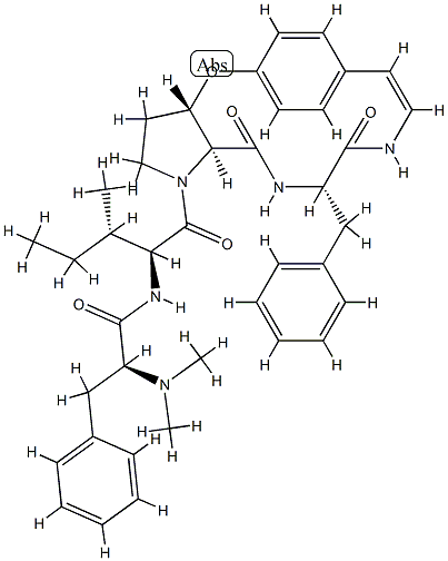 α-(Dimethylamino)-N-[2-methyl-1-[[3,3a,11,12,13,14,15,15a-octahydro-12,15-dioxo-13-benzyl-5,8-ethenopyrrolo[3,2-b][1,5,8]oxadiazacyclotetradecin-1(2H)-yl]carbonyl]butyl]benzenepropanamide Struktur