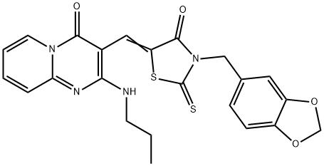 (5Z)-3-(1,3-benzodioxol-5-ylmethyl)-5-[[4-oxo-2-(propylamino)pyrido[1,2-a]pyrimidin-3-yl]methylidene]-2-sulfanylidene-1,3-thiazolidin-4-one Struktur