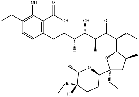 3-Ethyl-6-[(3R,4S,5S,7R)-7-[(2S,3S,5S)-5-ethyl-5-[(2R,5R)-tetrahydro-5-ethyl-5-hydroxy-6α-methyl-2H-pyran-2-yl]tetrahydro-3-methylfuran-2-yl]-4-hydroxy-3,5-dimethyl-6-oxononyl]-2-hydroxybenzoic acid Struktur