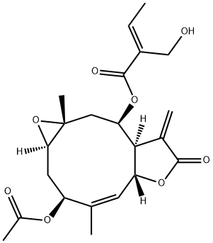 (E)-2-Hydroxymethyl-2-butenoic acid [(1aR,3S,4Z,5aR,8aR,9R,10aR)-3-acetoxy-1a,2,3,5a,7,8,8a,9,10,10a-decahydro-4,10a-dimethyl-8-methylene-7-oxooxireno[5,6]cyclodeca[1,2-b]furan-9-yl] ester Struktur