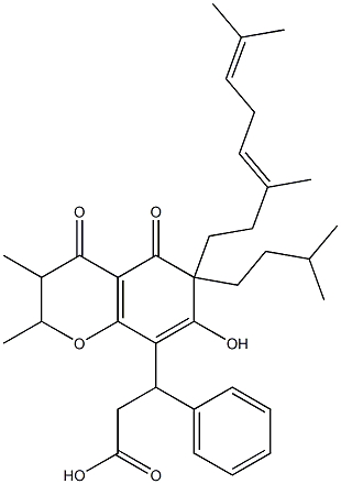 6-(3,7-Dimethyl-3,6-octadienyl)-3,4,6,7-tetrahydro-5-hydroxy-2,3-dimethyl-6-(3-methylbutyl)-4,7-dioxo-β-phenyl-2H-1-benzopyran-8-propanoic acid Struktur