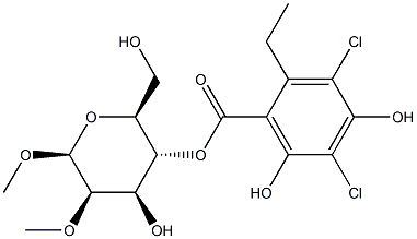 methyl 2-O-methyl-4-O-homodichloroorsellinate-beta-rhamnoside Struktur