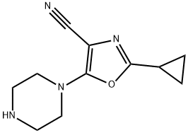 2-cyclopropyl-5-piperazin-1-yl-1,3-oxazole-4-carbonitrile Struktur