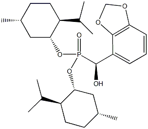 bis[(1R,2S,5R)-2-isopropyl-5-methylcyclohexyl] [(S)-1,3-benzodioxol-4-yl(hydroxy)methyl]phosphonate Struktur