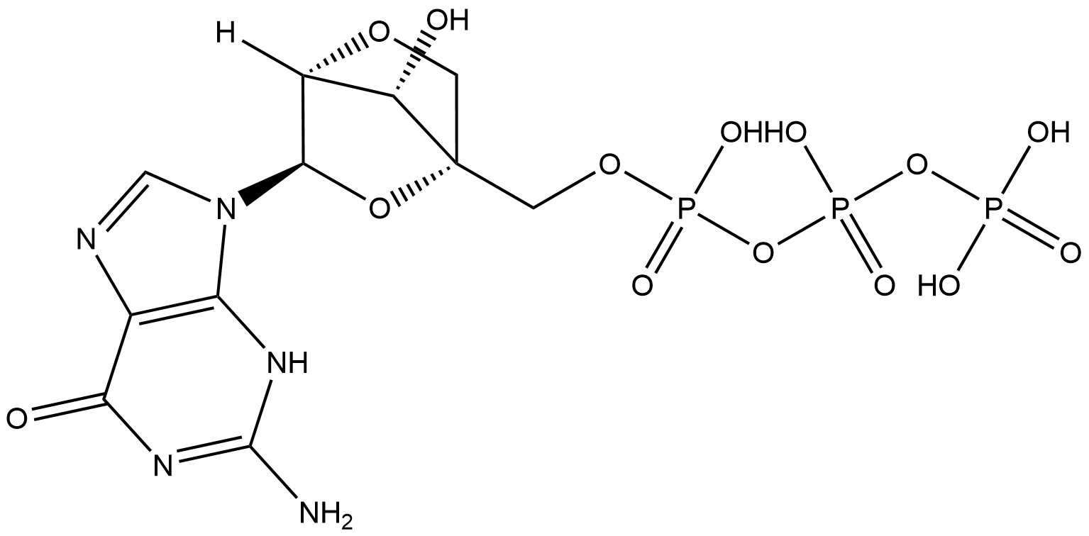 6H-Purin-6-one, 2-amino-9-[2,5-anhydro-4-C-(3,5,7,7-tetrahydroxy-3,5,7-trioxido-2,4,6-trioxa-3,5,7-triphosphahept-1-yl)-α-L-lyxofuranosyl]-1,9-dihydro- (ACI) Struktur